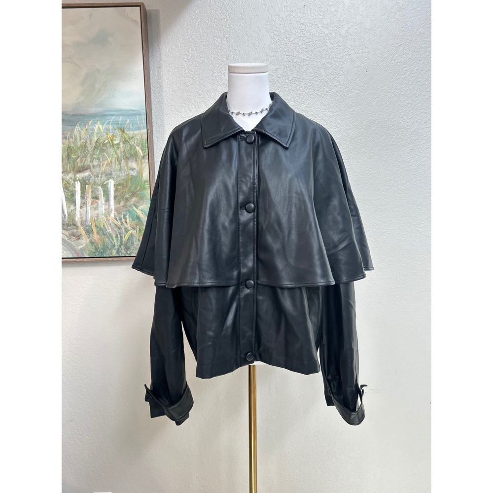 Black Faux Leather Cape Overlay Button Front Jacket US 14